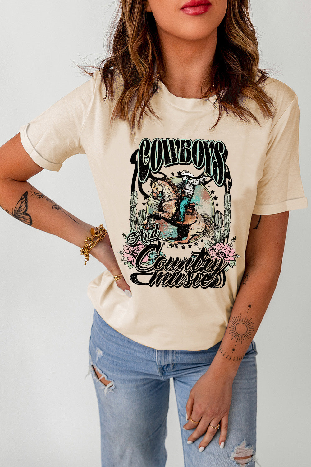 Short Sleeve Round Neck Cowboy Graphic Tee