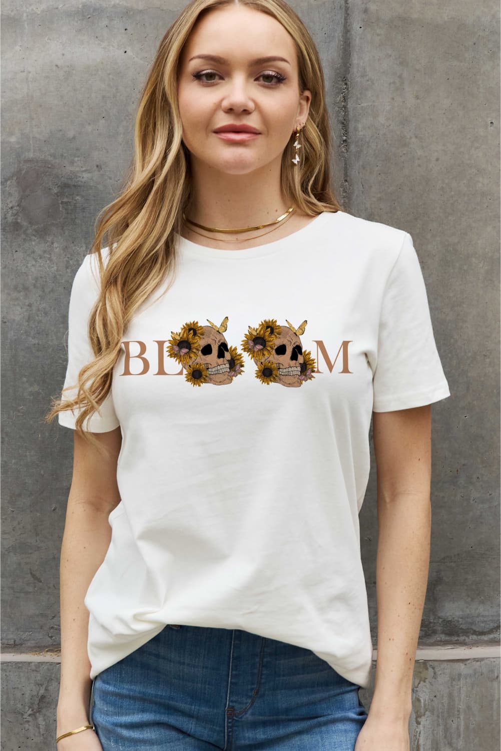 Simply Love Full Size BLOOM Skull Graphic Cotton Tee