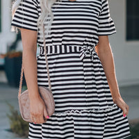 Striped Tie-Waist Frill Trim V-Neck Dress