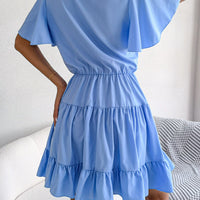 Tie Neck Tiered Flutter Sleeve Mini Dress