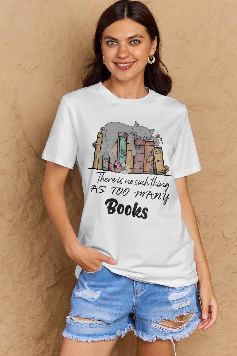 Simply Love Full Size Cat & Books Graphic Cotton Tee