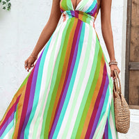 Multicolored Stripe Crisscross Backless Dress