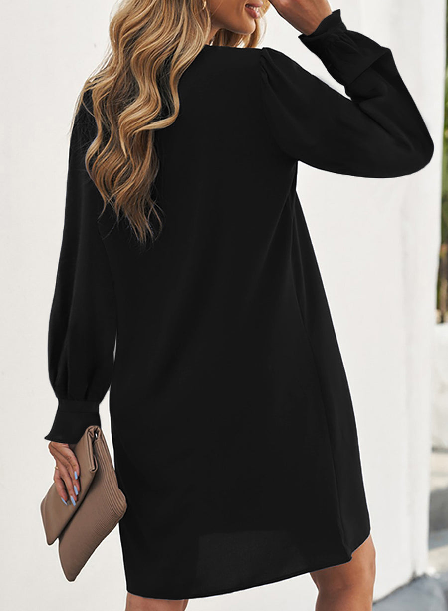 Long Puff Sleeve Notched Neck Dress