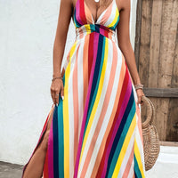 Multicolored Stripe Crisscross Backless Dress