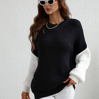 Two-Tone Rib-Knit Dropped Shoulder Sweater