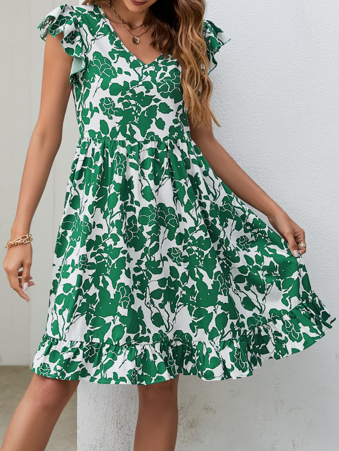 Floral V-Neck Flutter Sleeve Dress