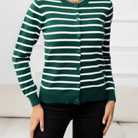 Striped Round Neck Long Sleeve Buttoned Knit Top