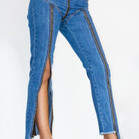 Zip Detail Slit Long Jeans