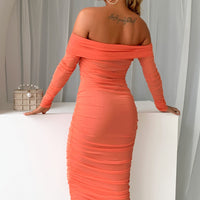 Off-Shoulder Ruched Midi Bodycon Dress