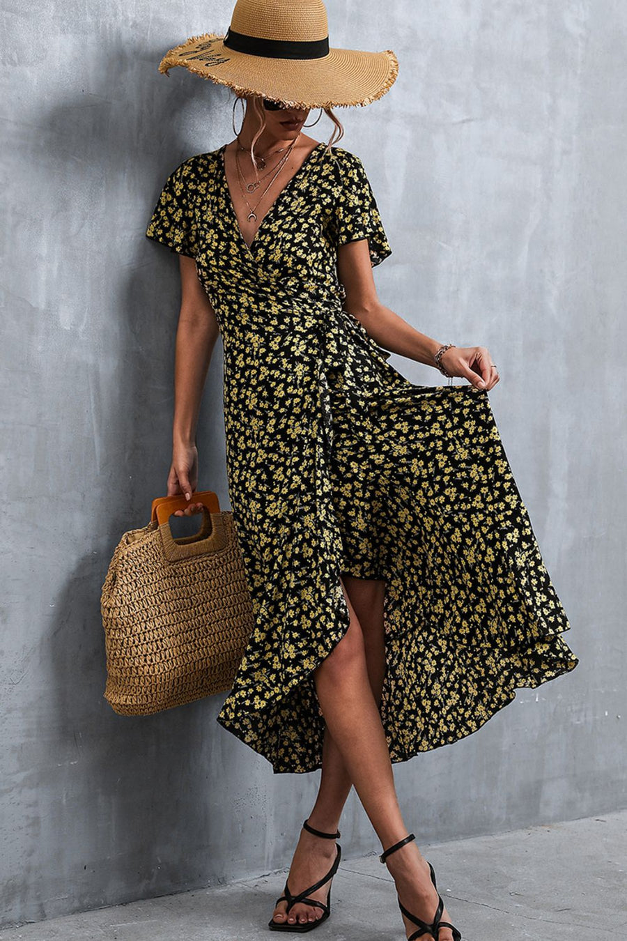 Floral Surplice Neck Tied Midi Dress