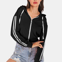 Side Stripe Drawstring Cropped Hooded Jacket