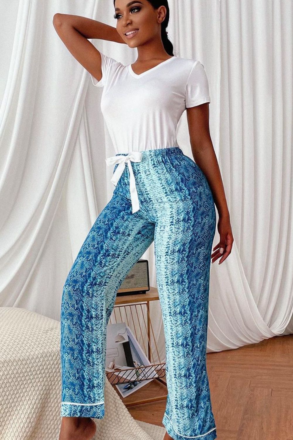 V-Neck Tee and Printed Pants Pajama Set