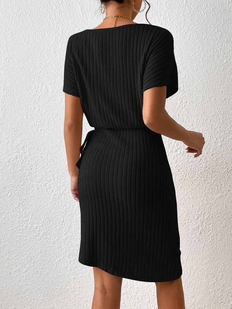 Ribbed Boat Neck Short Sleeve Dress