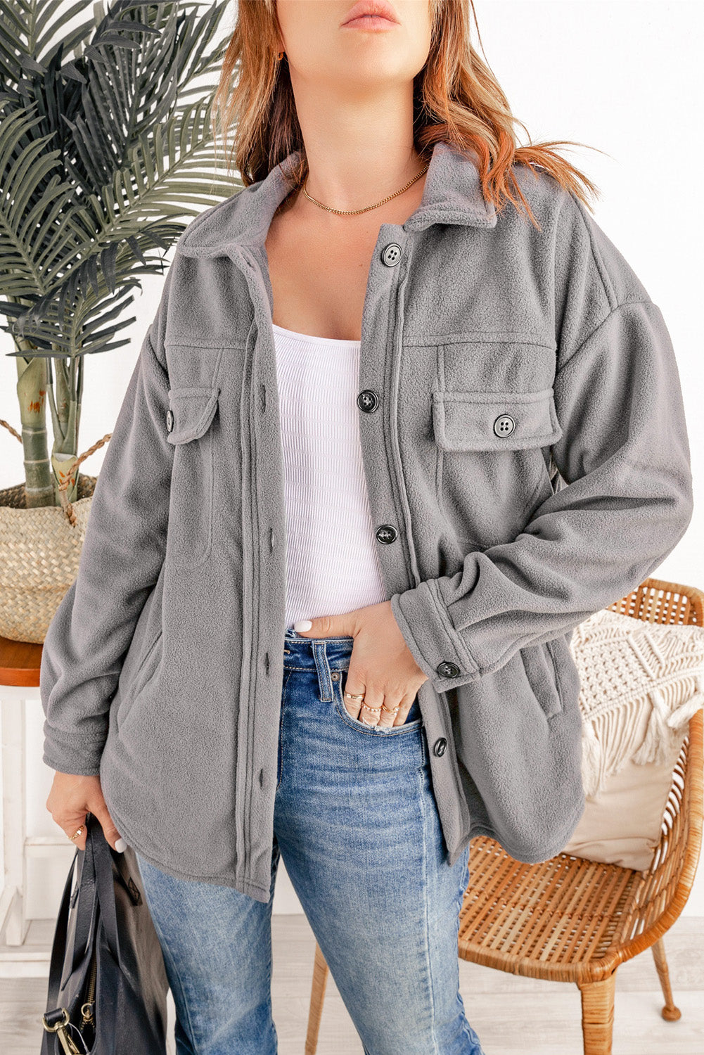 Button Front Fleece Shacket with Breast Pockets