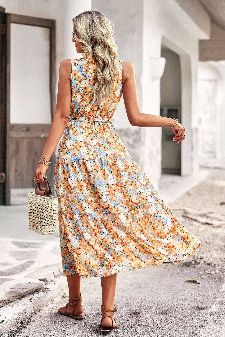 Floral Belted Surplice Sleeveless Tiered Dress