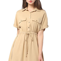 Half Button Drawstring Waist Short Sleeve Shirt Dress