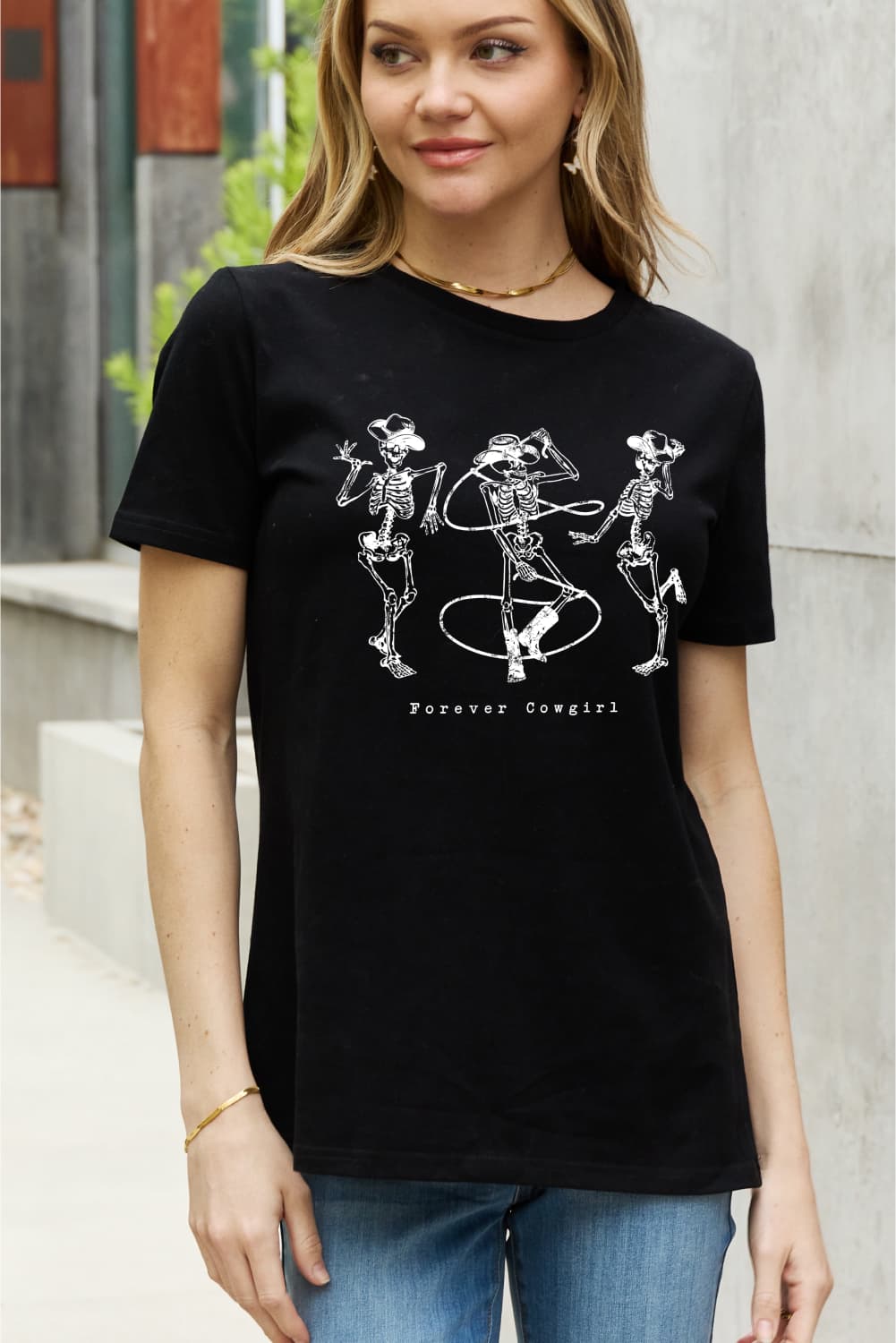 Simply Love Full Size FOREVER COWGIRL Dancing Skeleton Graphic Cotton Tee