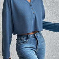 Cropped V-Neck Raglan Sleeve Buttoned Blouse