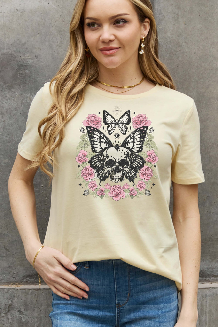 Simply Love Full Size Skull & Butterfly Graphic Cotton Tee