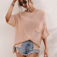 Boat Neck Cuffed Sleeve Slit Tunic Knit Top