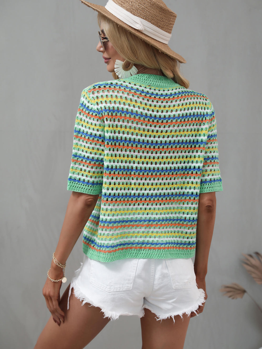 Striped Openwork Half Sleeve Knit Top