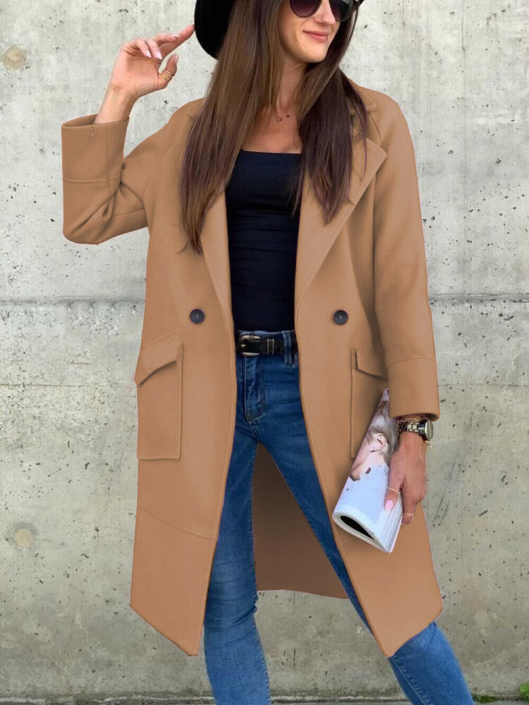 Outerwear-Solid Color Long Sleeve Blazer Trench