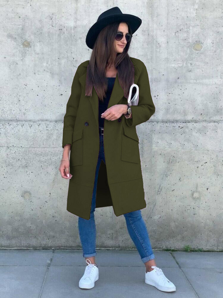 Outerwear-Solid Color Long Sleeve Blazer Trench