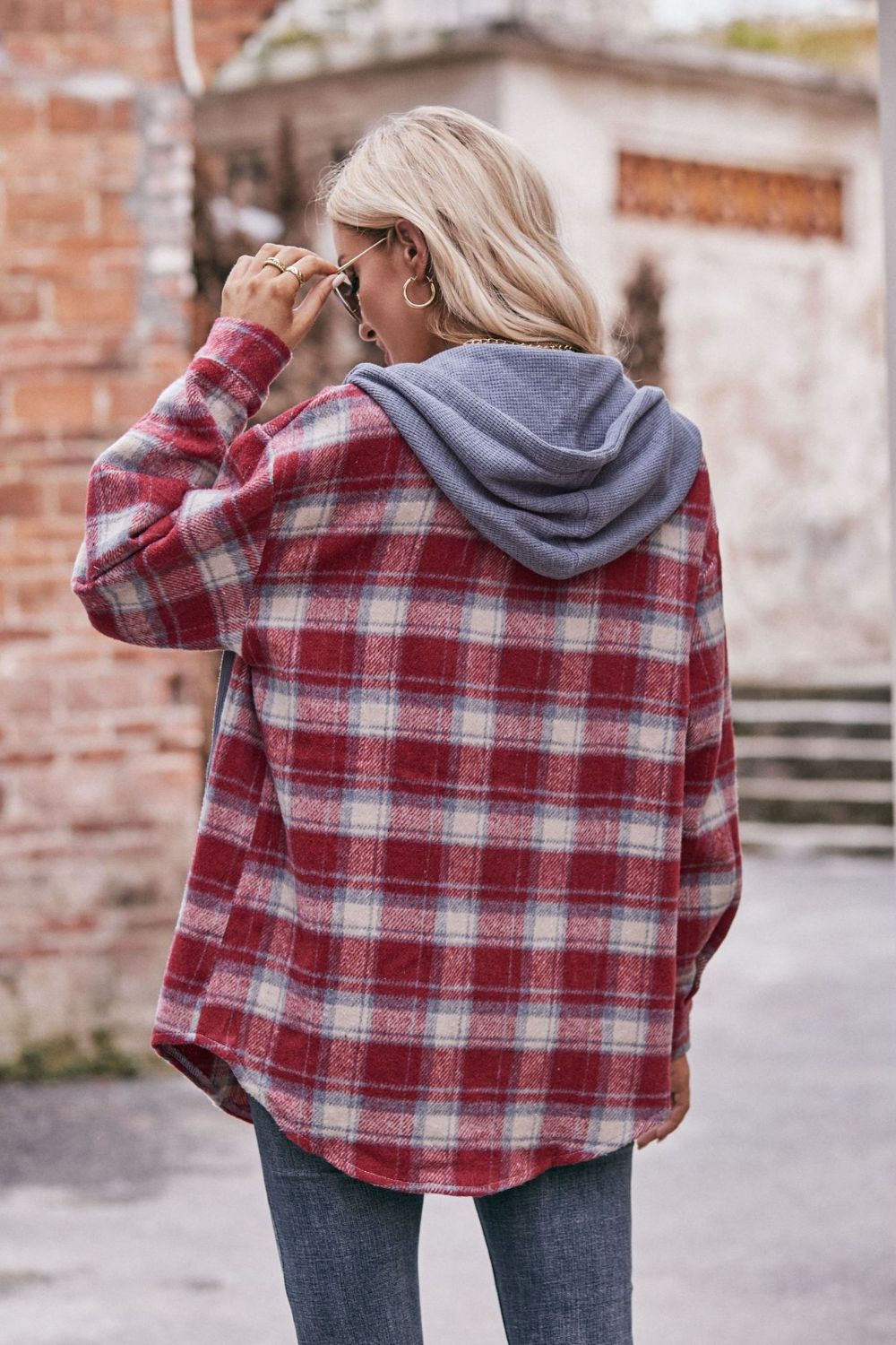 Plaid Dropped Shoulder Hooded Longline Shacket