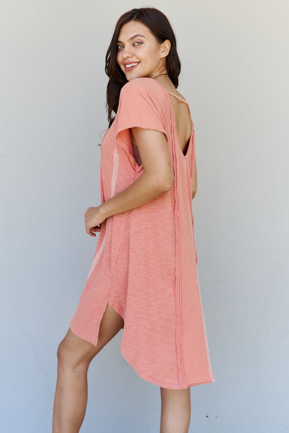 POL All Day Comfort Front Hook Contrast T-Shirt Dress in Blush Red