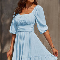 Tie-Back Ruffled Hem Square Neck Mini Dress