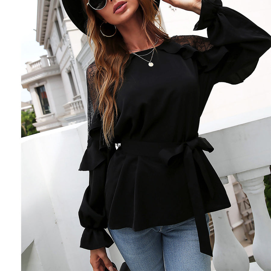 Round Neck Front Tie Flounce Sleeve Lace Cap Blouse