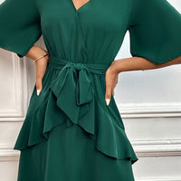 Tie Belt Surplice Neck Ruffled Dress