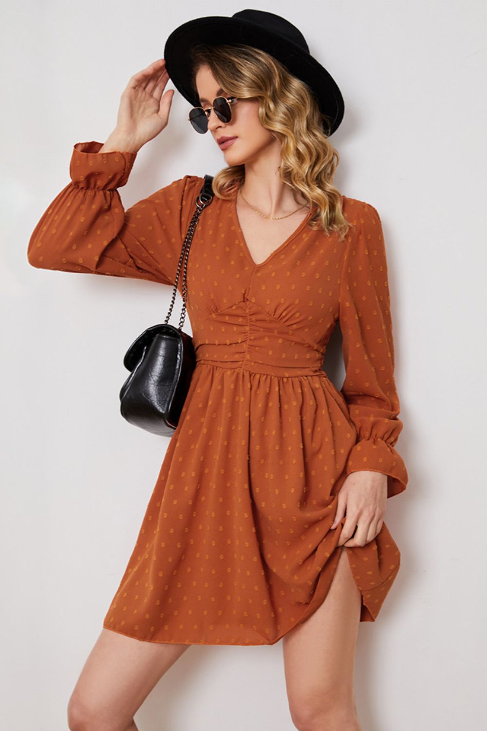 Swiss Dot Ruched V-Neck Flounce Sleeve Dress