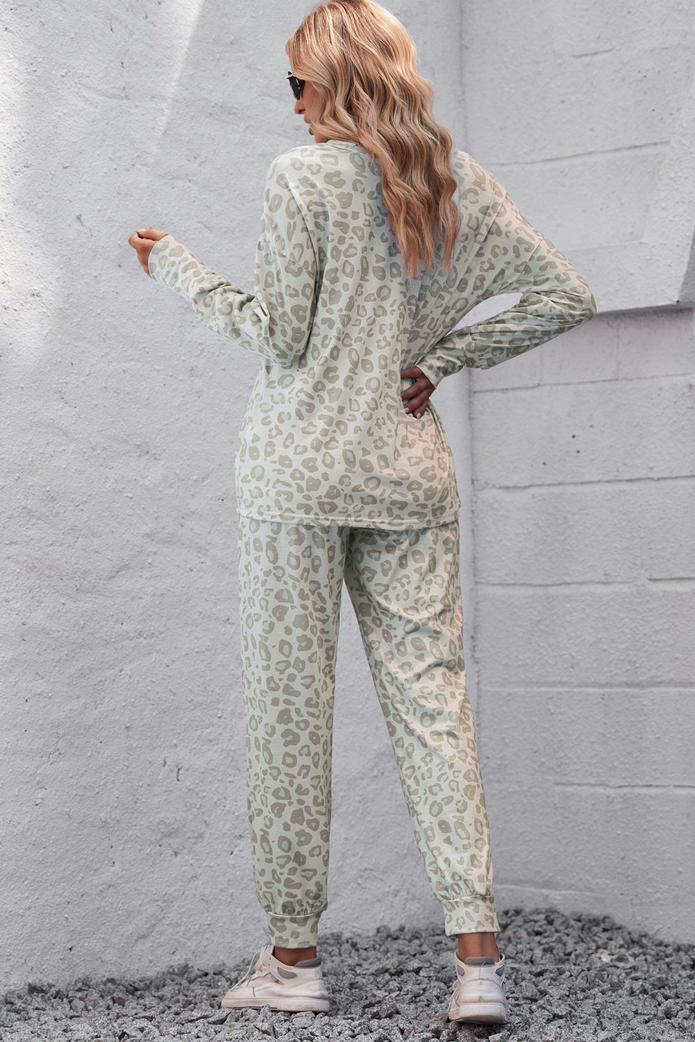 Leopard V-Neck Top and Drawstring Joggers Pajama Set