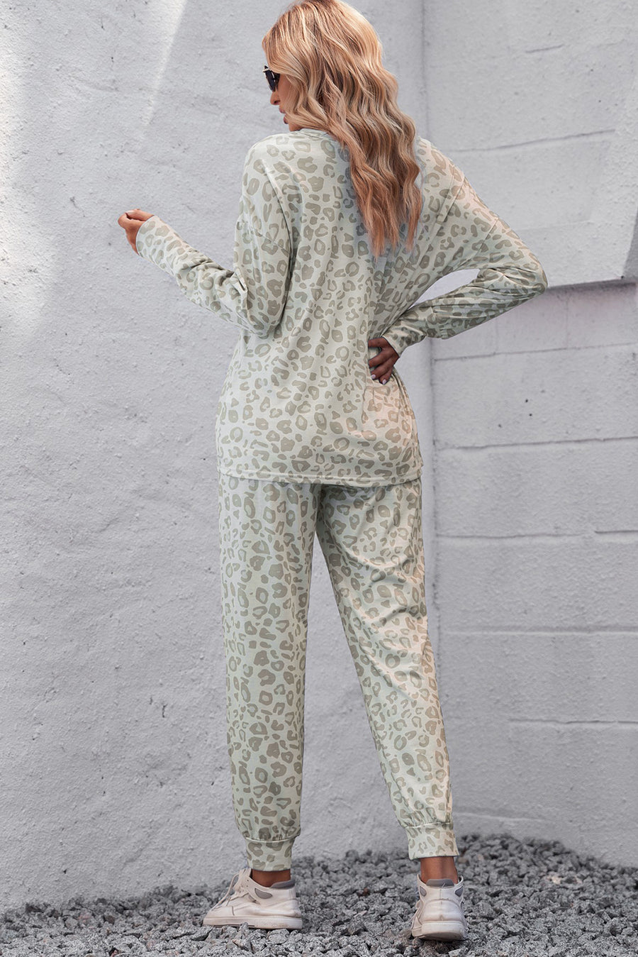 Leopard V-Neck Top and Drawstring Joggers Pajama Set