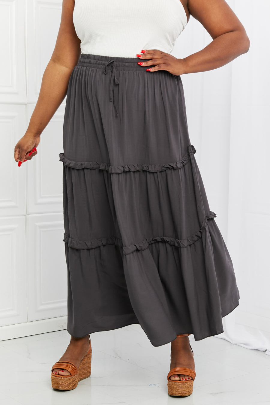 Zenana Summer Days Full Size Ruffled Maxi Skirt in Ash Grey