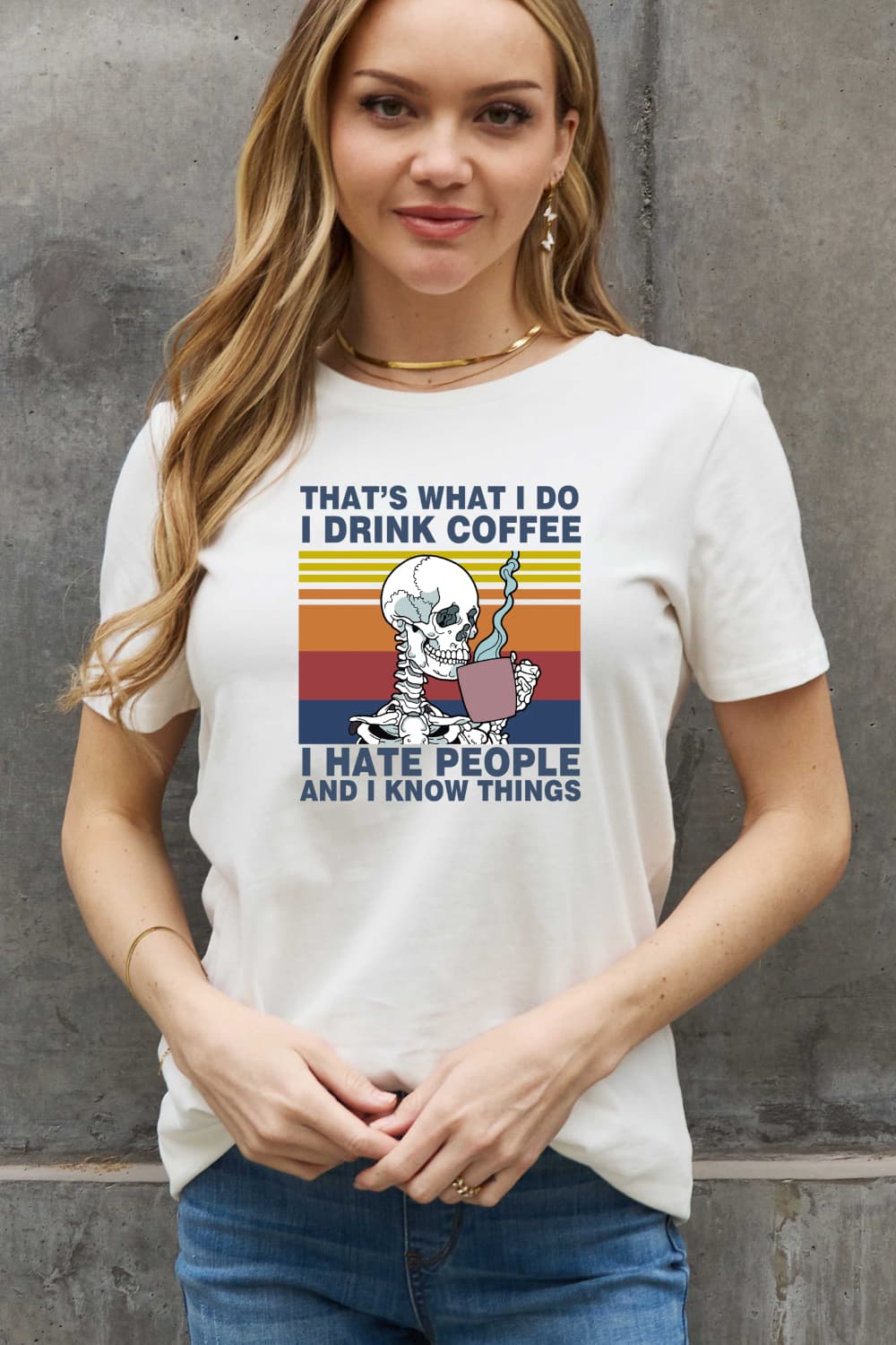 Simply Love Full Size Skeleton Drinking Coffee Graphic Cotton T-Shirt