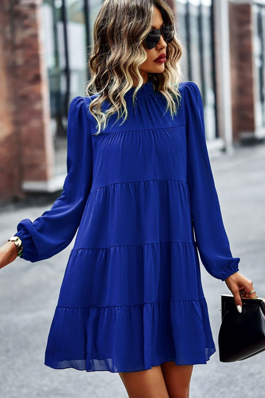 Tied Ruffle Collar Puff Sleeve Mini Dress