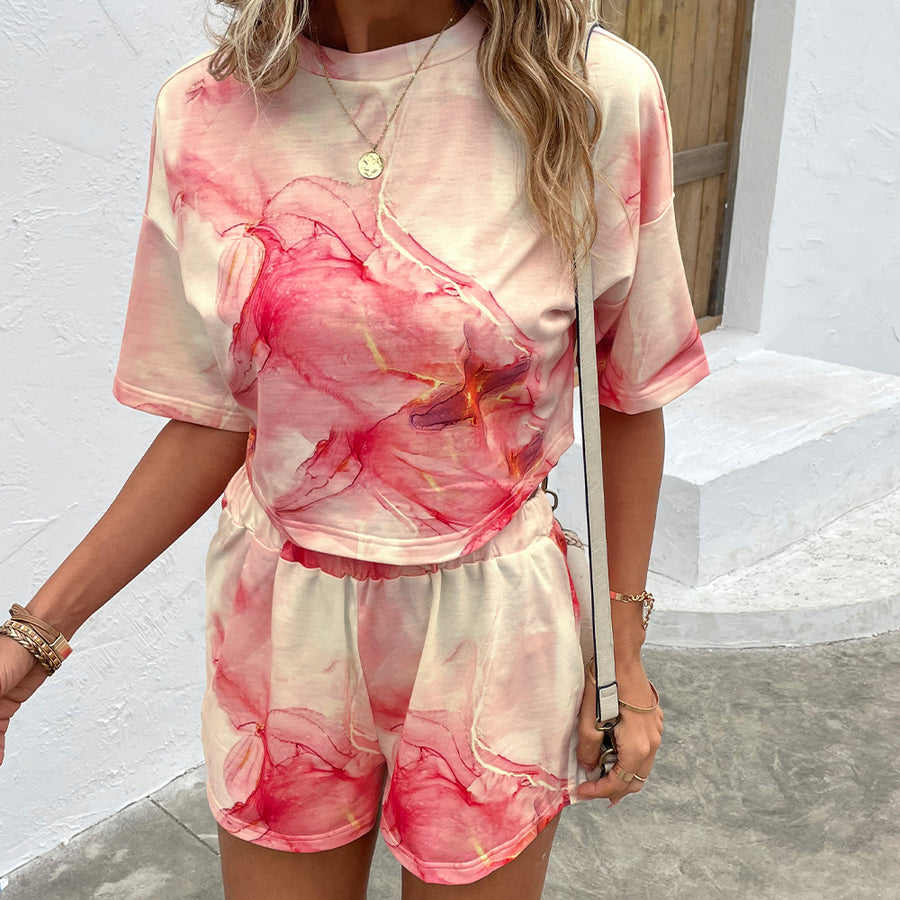 Printed Round Neck Dropped Shoulder Half Sleeve Top and Shorts Set