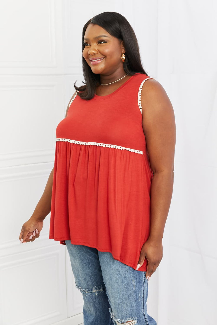 Celeste Next To You Full Size Lace Detail Sleeveless Top in Rust