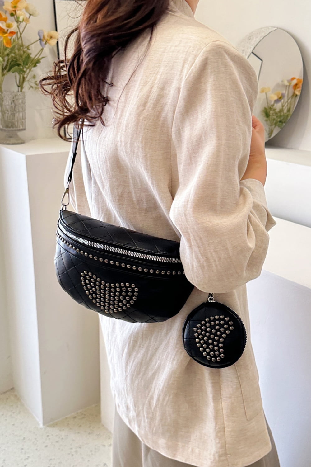 Studded PU Leather Sling Bag with Small Purse