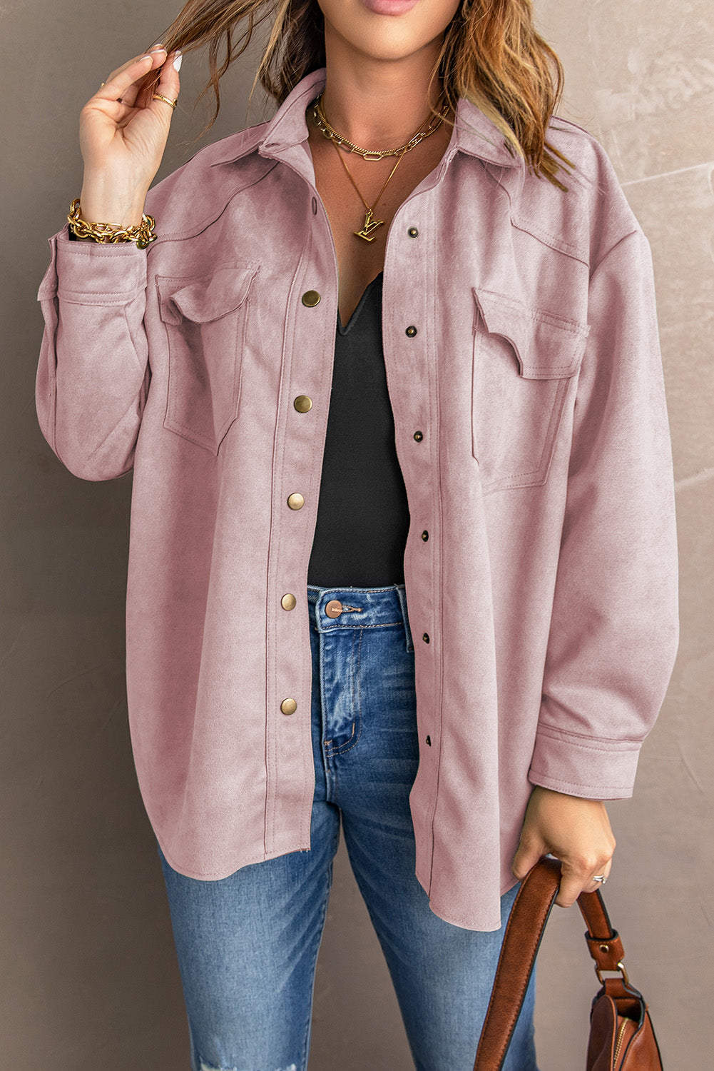 Suede Snap Front Dropped Shoulder Shirt Jacket