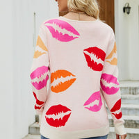 Lip Print V-Neck Knit Top