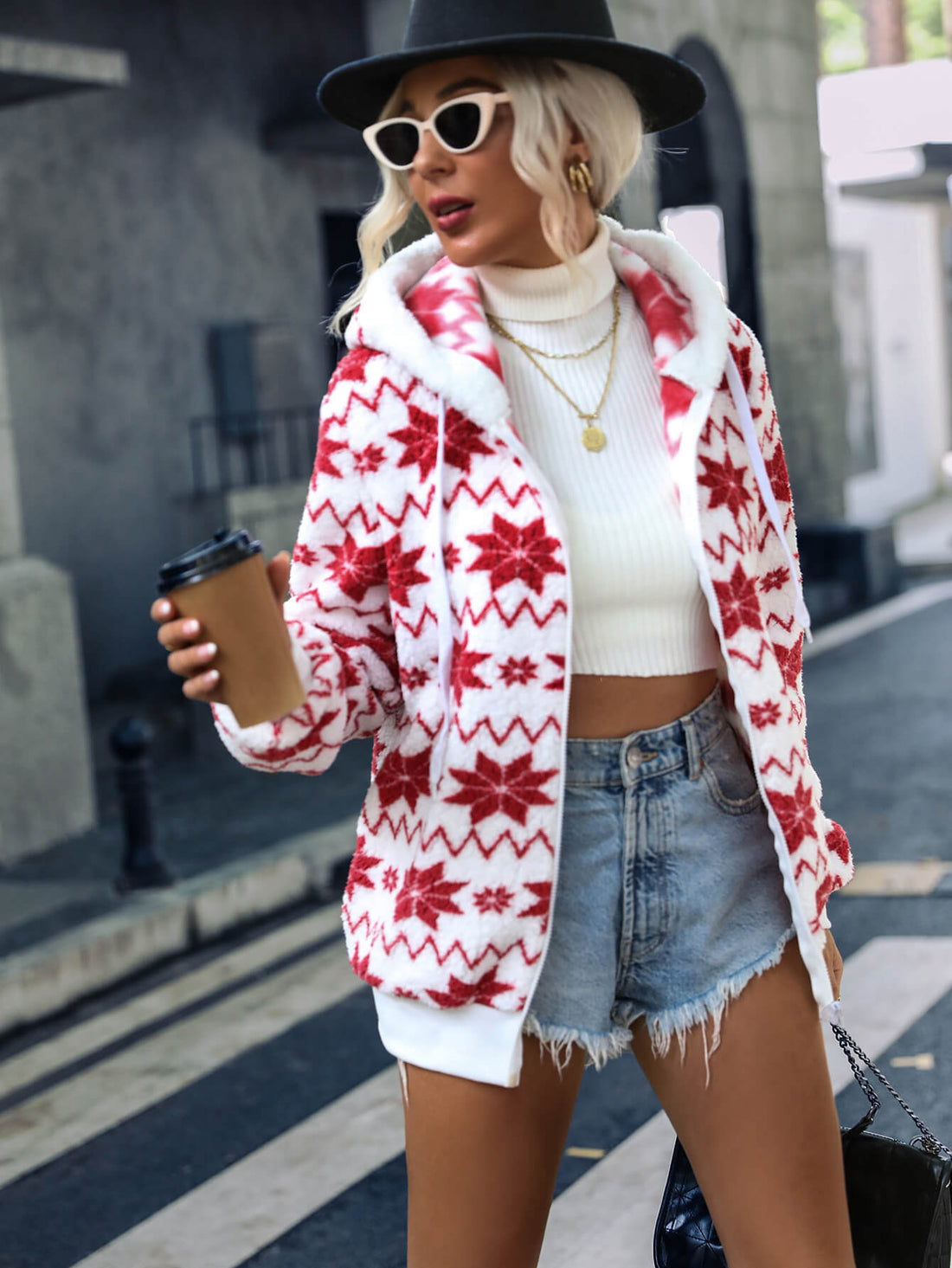 Printed Zip Up Hooded Plush Jacket