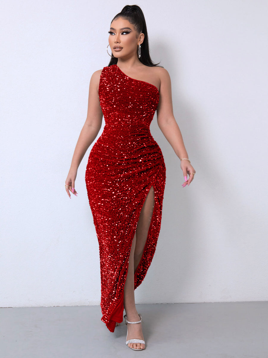 Sequin One Shoulder Split Maxi Dress