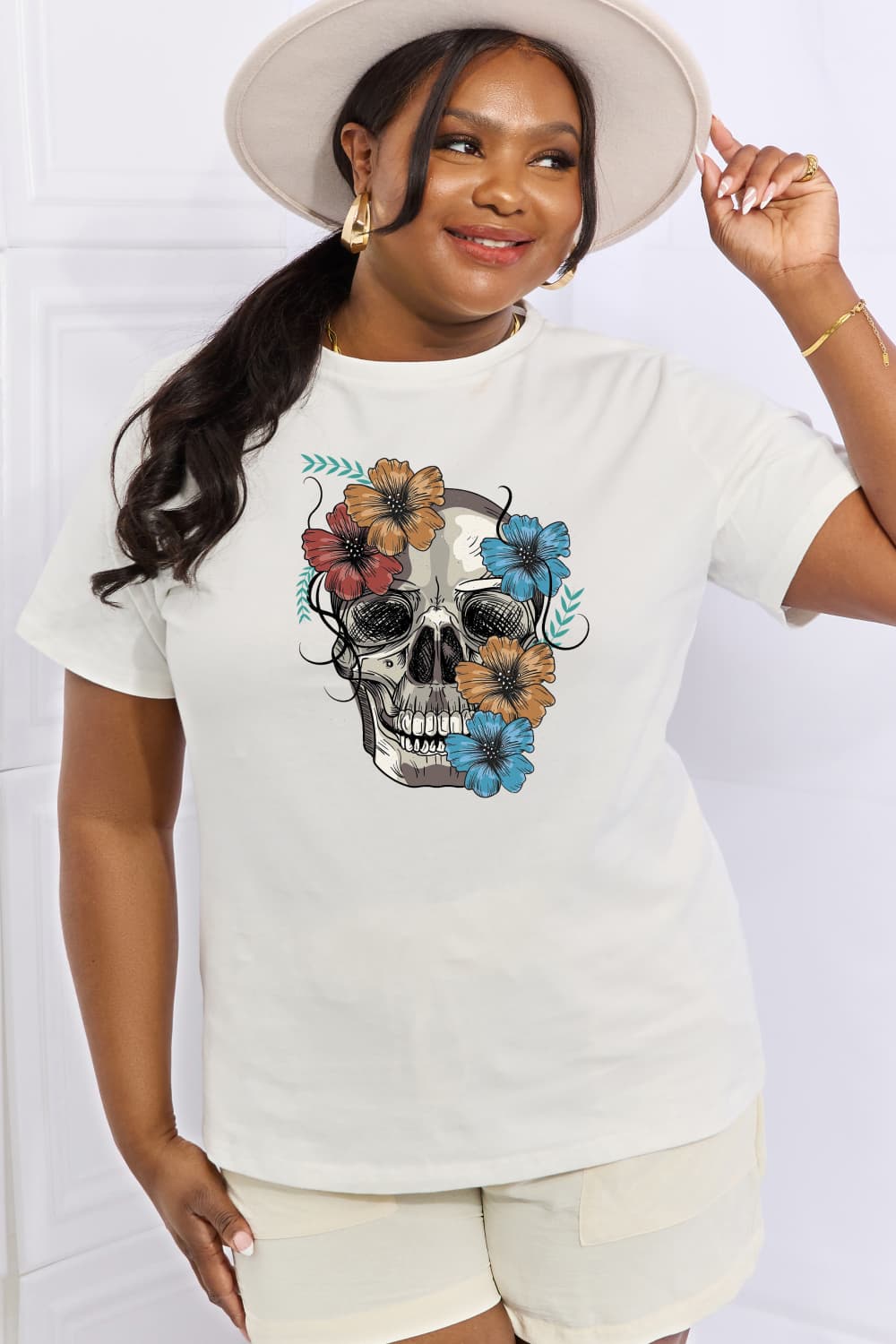 Simply Love Full Size Flower Skull Graphic Cotton Tee