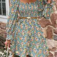 Floral Smocked Flounce Sleeve Square Neck Dress