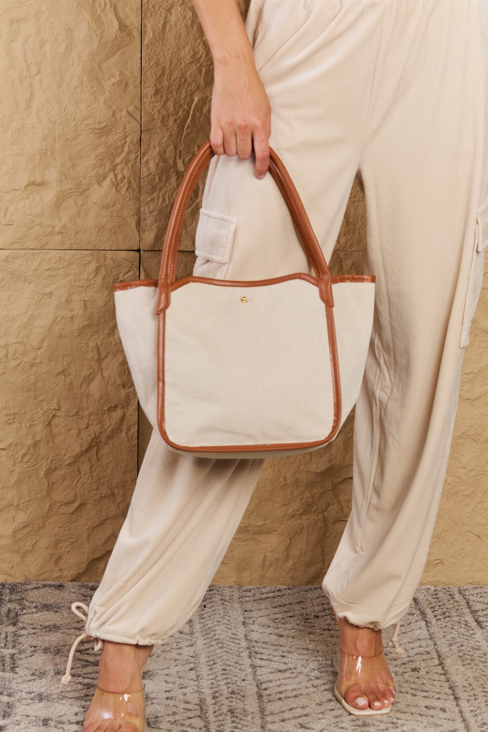 Faux Leather Trim Tote Bag in Ochre