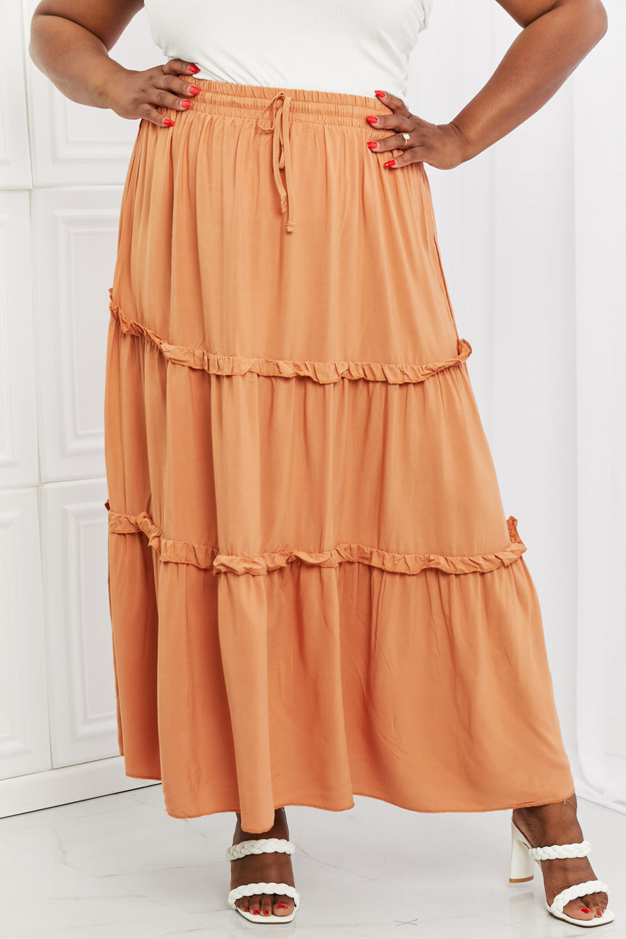 Zenana Summer Days Full Size Ruffled Maxi Skirt in Butter Orange