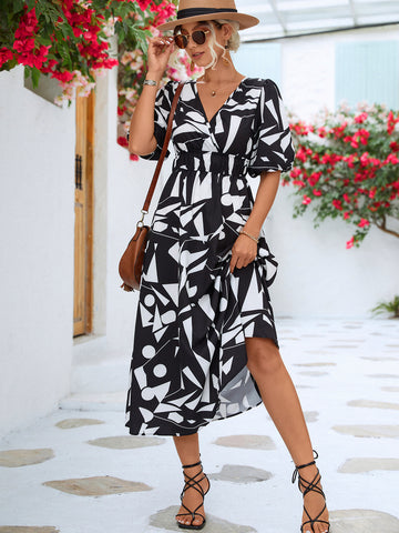 Printed Surplice Balloon Sleeve Dress